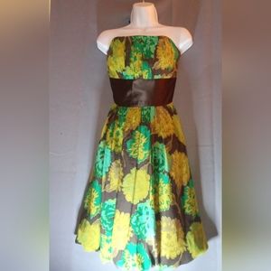 Silk sleeveless mini Sz 2 👗 green print w/ brown satin waist.